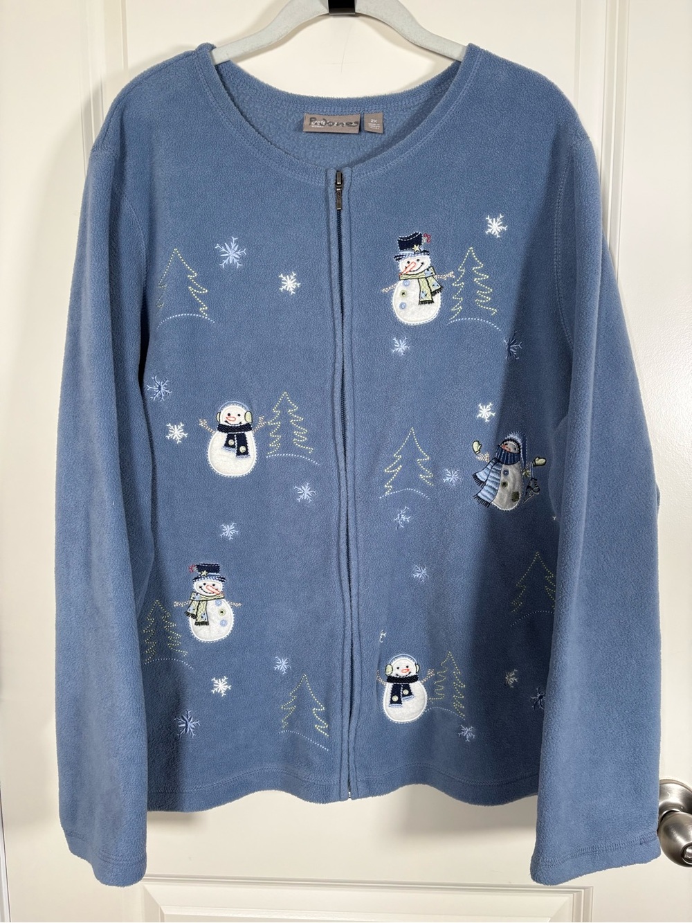 Women's Blue Snowman Embroidered Fleece Zip Jacket - Cozy Winter Layer